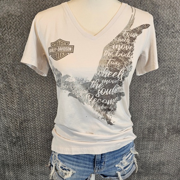Harley-Davidson Tops - Harley-Davidson Womens V-Neck T-Shirt Cream Eagle Typography Springfield IL S
